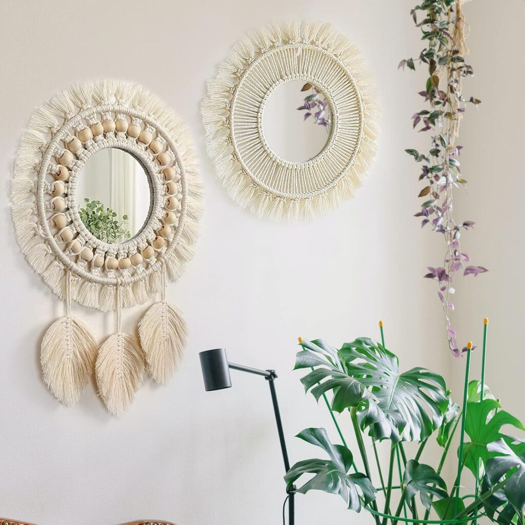 2 Pezzi Specchio da Parete in Macramè Boho